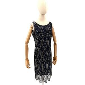 Pizarro Nights Navy Blue Silver Beaded Scalloped Gatsby Cocktail Mini Dress